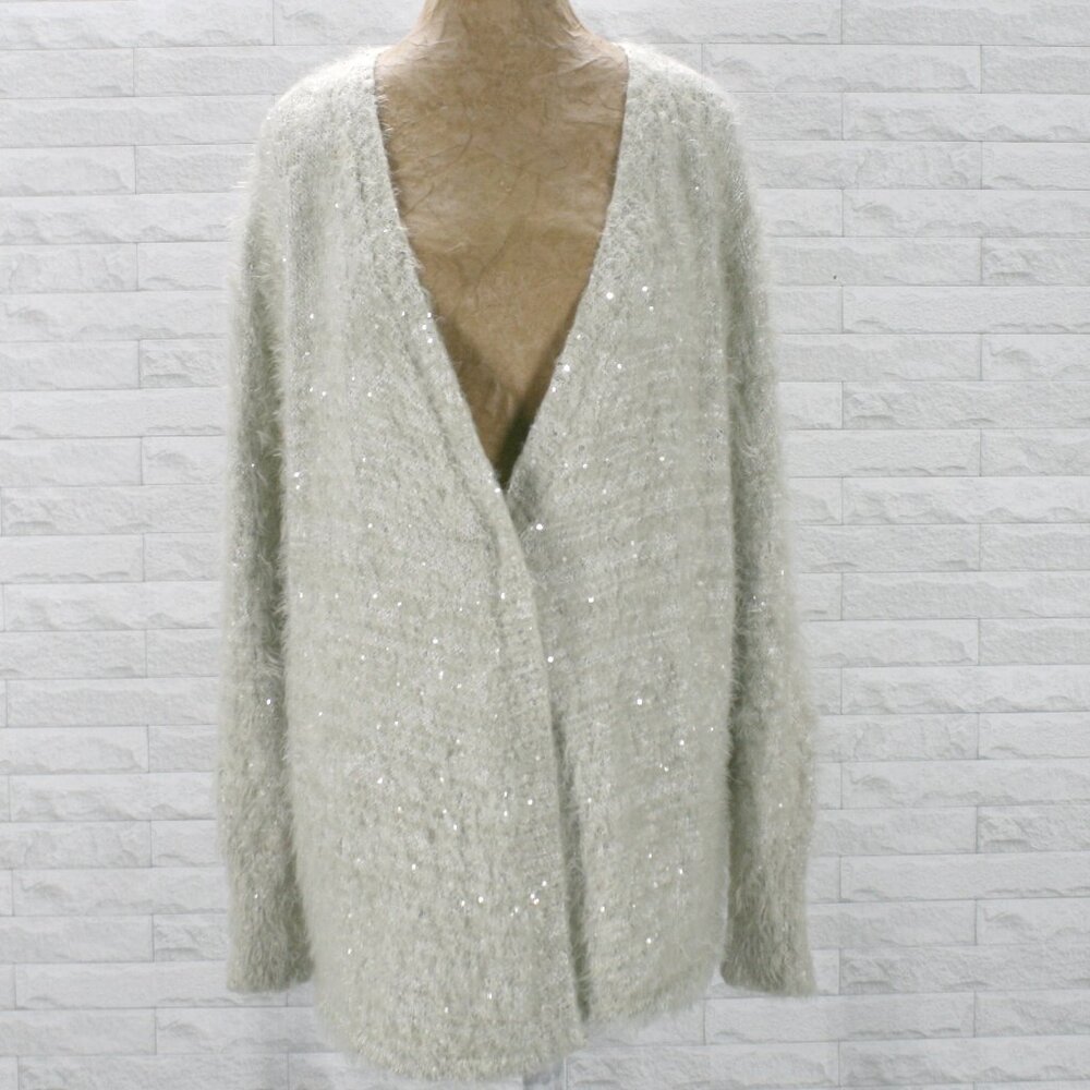 I JEANS BY BUFFALO Cardigan Sequin Metallic Open Front Fuzzy Oversized Silver XL